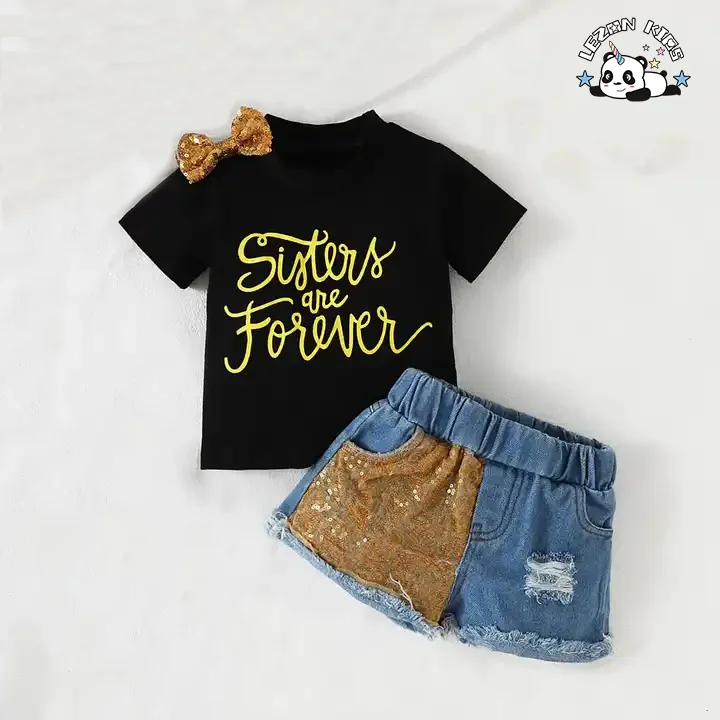 LEZONKIDS - Conjunto de Roupas para Meninas de Verão com Calção de Jeans e Remendos de Lantejoulas para 2 a 14 Anos